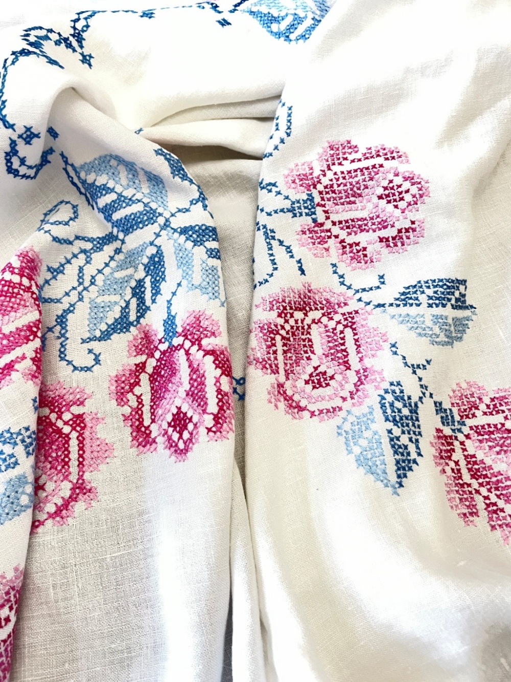 Vintage 64" Round Hand Embroidered Roses Linen Tablecloth Pink Blue - Picture 8 of 16